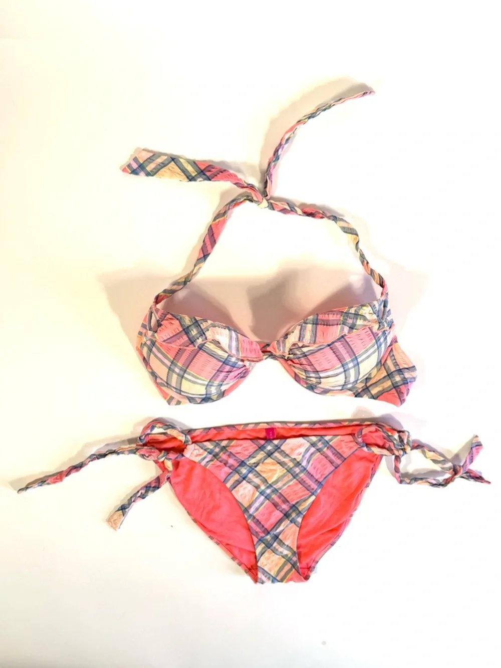 Victoria's Secret Seersucker Ruffled Push Up Bikini Set Plaid Pink Blue 36C LG - Picture 6 of 9